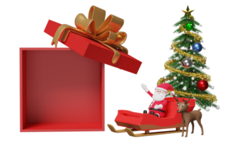 santa claus con renos, caja de regalo abierta roja trineo, árbol de navidad aislado.sitio web, afiche o tarjetas de felicidad, concepto festivo de año nuevo, ilustración 3d o presentación 3d png