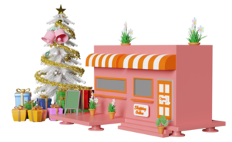 shop store front with mobile phone, smartphone, christmas tree, gift box isolated. startup franchise business, happiness cards, festive New Year concept, 3d illustration, 3d render png