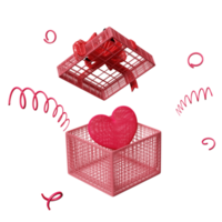 boîte-cadeau ouverte avec coeur rouge isolé. noël et jour de l'an, amour de la santé ou journée mondiale du coeur, concept filaire de la saint-valentin, résumé minimal, illustration 3d, rendu 3d png