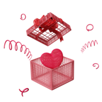 Aperto regalo scatola con rosso cuore isolato. Natale e nuovo anno giorno, Salute amore o mondo cuore giorno, San Valentino giorno wireframe concetto, minimo astratto, 3d illustrazione, 3d rendere png