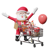 papai noel com árvore de natal, carrinho de compras, etiquetas de preço, espaço isolado. site, cartaz ou cartões de felicidade, conceito festivo de ano novo, ilustração 3d ou renderização 3d png