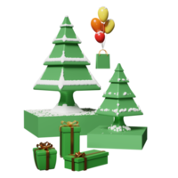 bühnenpodium mit geschenkbox, weihnachtsbaum, raum, einkaufspapiertüten isoliert. website, poster oder glückskarten, festliches neujahrskonzept, 3d-illustration oder 3d-rendering png