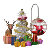 santa claus med ren, gåva låda, jul träd, hängande stol isolerat. hemsida, affisch eller lycka kort, festlig ny år begrepp, 3d illustration eller 3d framställa png