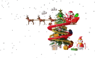 papai noel com trenó de renas, caixa de presente, árvore de natal, boneco de neve isolado. site ou cartaz ou cartões de felicidade, banner e ano novo festivo, ilustração 3d ou renderização 3d png