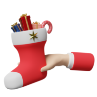 mains tenant des chaussettes de noël avec des cadeaux isolés. site web, affiche ou cartes de bonheur, concept de nouvel an festif, illustration 3d ou rendu 3d png