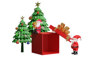 Santa claus with red open gift box empty, christmas tree isolated. website, poster or happiness cards, festive New Year concept, 3d illustration or 3d render png