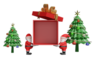 weihnachtsmann mit roter offener geschenkbox leer, weihnachtsbaum isoliert. website, poster oder glückskarten, festliches neujahrskonzept, 3d-illustration oder 3d-rendering png