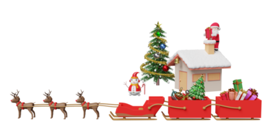 trineo de renos con santa claus, caja de regalo, árbol de navidad aislado. sitio web o afiche o tarjetas de felicidad, pancarta y año nuevo festivo, ilustración 3d o presentación 3d png