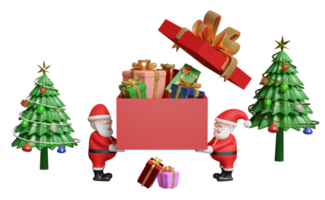 Santa claus with red open gift box empty, christmas tree isolated. website, poster or happiness cards, festive New Year concept, 3d illustration or 3d render png