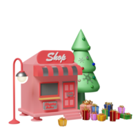 Shop Ladenfront mit Weihnachtsbaum, Geschenkbox isoliert. Start-Franchise-Geschäft, Glückskarten, festliches Neujahrskonzept, 3D-Illustration, 3D-Rendering png