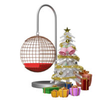 Hängesessel mit Geschenkbox, Weihnachtsbaum isoliert. website, poster oder glückskarten, festliches neujahrskonzept, 3d-illustration oder 3d-rendering png