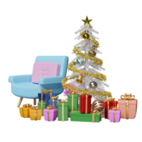 chaise de canapé avec boîte-cadeau, arbre de noël isolé. site web, affiche ou cartes de bonheur, concept de nouvel an festif, illustration 3d ou rendu 3d png