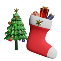 chaussettes de noël avec des cadeaux, arbre isolé. site web, affiche ou cartes de bonheur, concept de nouvel an festif, illustration 3d ou rendu 3d png