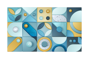 Mosaic 3d transparent illustration pattern of geometric rounded figures, semicircle elements, dots images, and petals for your project png