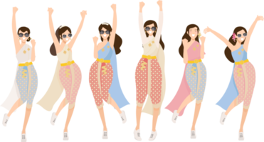 happy woman in Thai traditional songkran water festival party dance flat style png