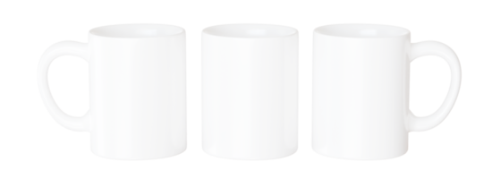 Three mug mockup for full wrap sublmation presentation. Blank tea cup for branding or advertising in a cafe. All sides view template on a 3d render png