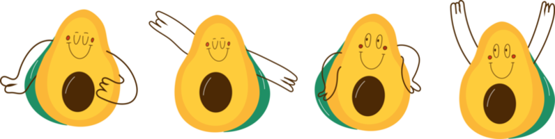 reeks avocado met gezicht emoties, handen en poten. hand- getrokken modieus PNG illustratie voor kinderen. schattig grappig karakters. allemaal elementen zijn geïsoleerd