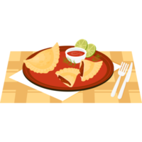 Mexican Empanadas whole and broken with stuffing in half on plate. served dish on tablecloth with knife and fork png