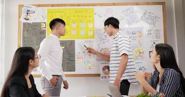 Two happy asian young men shaking hands to seal a deal with his partner while standing at meeting room. Female sitting in room with sticky notes on board background. video