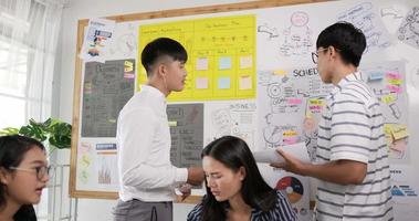colegas asiáticos explicando y buscando incorporarse a la oficina discutiendo el proyecto o plan de inicio de la empresa. los empleados jóvenes intercambian ideas sobre el pensamiento creativo del equipo. video