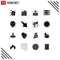 Set of 16 Commercial Solid Glyphs pack for bones database business rack server Editable Vector Design Elements