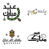 Modern Pack of 4 Vector Illustrations of Greetings Wishes For Islamic Festival Eid Al Adha Eid Al Fitr Golden Moon Lantern with Beautiful Shiny Stars