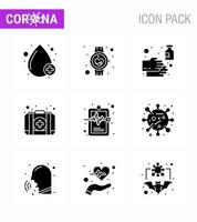 Corona virus disease 9 Solid Glyph Black icon pack suck as case kit smart watch emergency wash viral coronavirus 2019nov disease Vector Design Elements