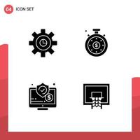 conjunto de pictogramas de 4 glifos sólidos simples de configuración en línea de gráfico velocímetro seguridad elementos de diseño vectorial editables vector