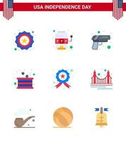 Happy Independence Day USA Pack of 9 Creative Flats of badge independence gun holiday day Editable USA Day Vector Design Elements