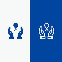 cuidado cáncer de mama cinta mujer línea y glifo icono sólido bandera azul vector