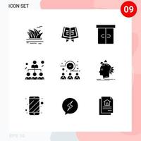Pack of 9 Modern Solid Glyphs Signs and Symbols for Web Print Media such as meeting time share decor people business Editable Vector Design Elements