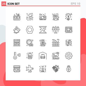 User Interface Pack of 25 Basic Lines of bulb meeting hand group transportation Editable Vector Design Elements