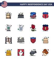 feliz día de la independencia 16 líneas planas rellenas paquete de iconos para web e impresión cola seguridad escudo usa american editable usa day elementos de diseño vectorial vector