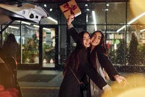 Embracing each other. Happy sisters twins spends Christmas holidays together outdoors. Conception of new year photo