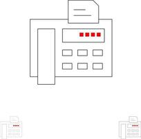 fax teléfono máquina de escribir máquina de fax negrita y delgada línea negra conjunto de iconos vector