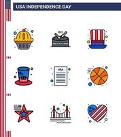 Pack of 9 USA Independence Day Celebration Flat Filled Lines Signs and 4th July Symbols such as sports basketball day democratic declaration Editable USA Day Vector Design Elements