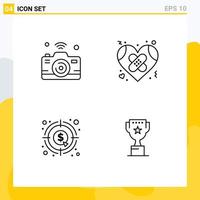 Pack of 4 creative Filledline Flat Colors of camera love internet of things broken currency Editable Vector Design Elements