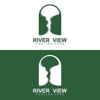 diseño del logo del río, vector de la cala del río, ilustración de la orilla del río con una combinación de montañas y naturaleza, marca de producto