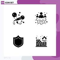 Mobile Interface Solid Glyph Set of 4 Pictograms of karaoke shield singing team firewall Editable Vector Design Elements