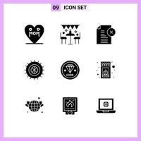 Set of 9 Commercial Solid Glyphs pack for code tire party studded document Editable Vector Design Elements