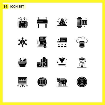16 Thematic Vector Solid Glyphs and Editable Symbols of arrow dollar build camera roll film ancient camera roll Editable Vector Design Elements