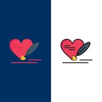 pluma amor corazón boda iconos plano y línea llena icono conjunto vector fondo azul