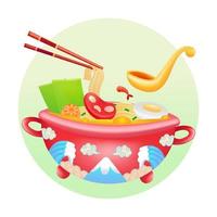 Japanese food, 3d illustration of big portion of ramen in red bowl vector