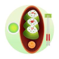 comida japonesa, ilustración 3d de bolas de arroz y té verde vector