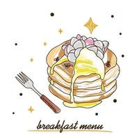 Pancakes with honey and marshmallows, breakfast menu vector