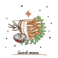 French fries with spinach leaves and delicious sauce, lunch menu vector