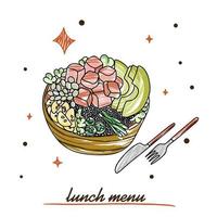 Lunch menu, wheat porridge with vegetables and meat, doodle vector