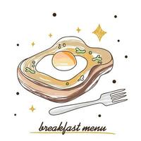 huevo con pan, tostadas deliciosas, menú de desayuno, garabato colorido vector