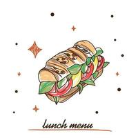 Baguette with delicious cheese and tomatoes, lunch menu vector