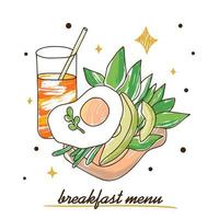 Avocado and egg sandwich decorated with herbs, breakfast menu vector